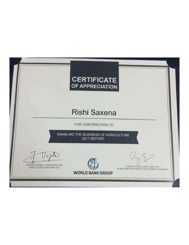 Certificate of Appreciation By World Bank