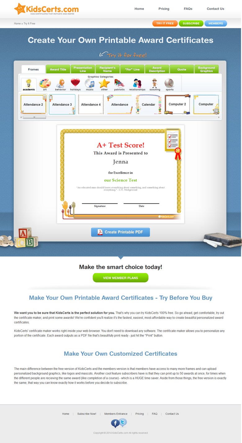 Kidscerts.com - A certificate generator for children