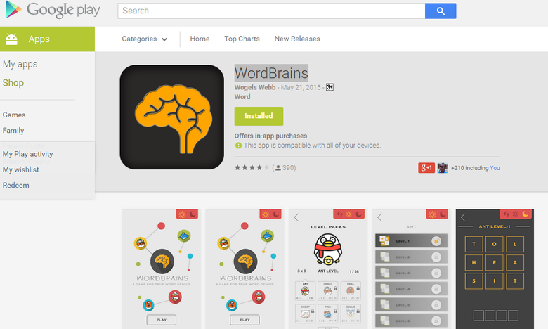 Marketing for WordBrains Google play app