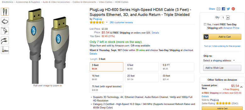 Amazon HDMI Cable Variations Listings