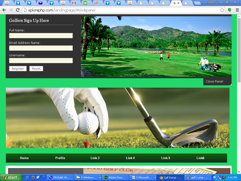 Landing page for Golf Management