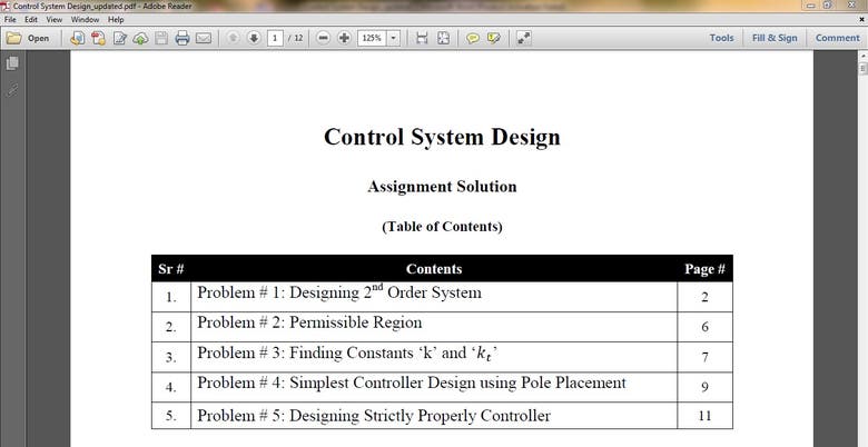 Control System Design Using Pole Placement Method