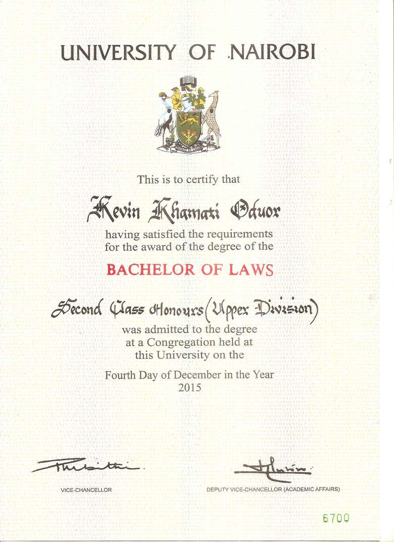 BACHELOR OF LAW DEGREE CERTIFICATE