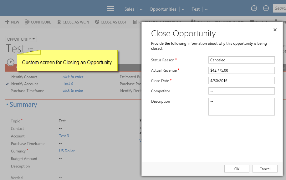MS Dynamics CRM - Opportunity Close custom functionality