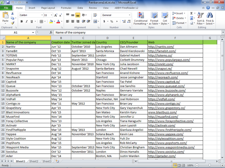 Data Entry - Company list of certain companies