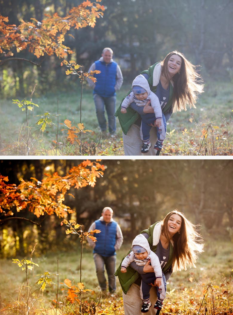 Family photo shoot and photo processing in warm tone