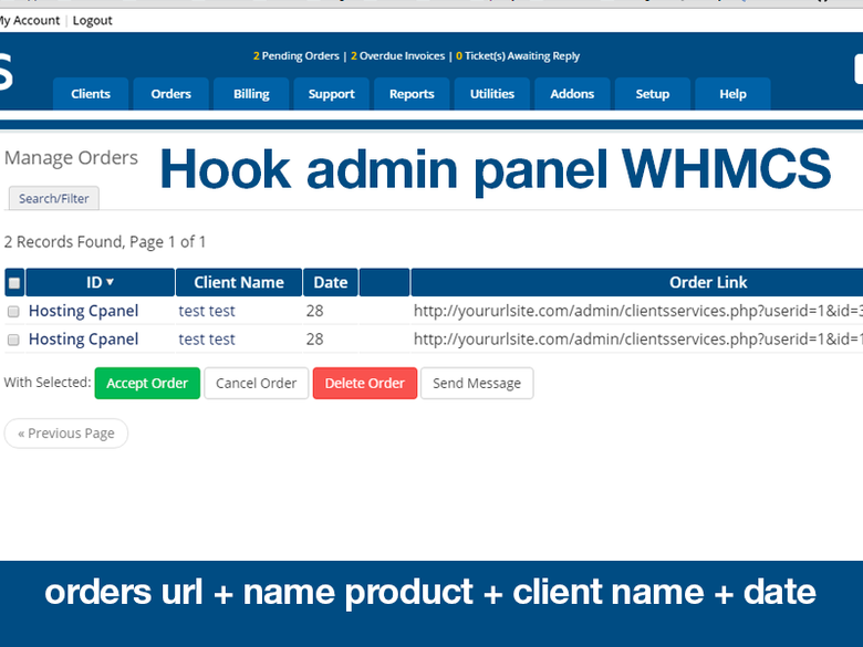 Hook for Admin Panel WHMCS