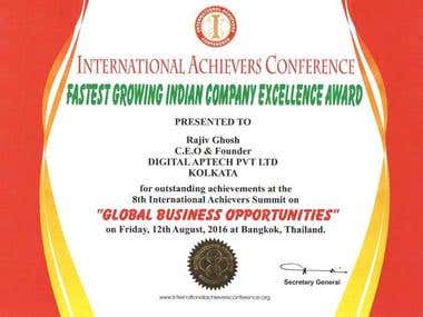 Award for "Fastest Growing Indian Company"