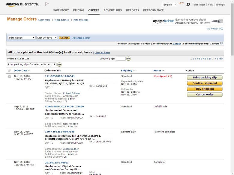 Order manage process on Amazon Seller Central