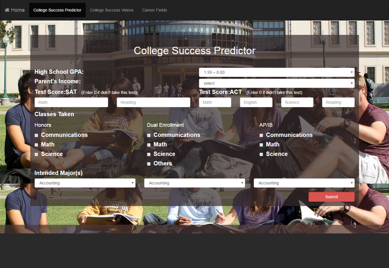 College Success Predictor website using java
