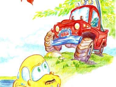 27 children's book illustration for ,,Yellow car adventure,,