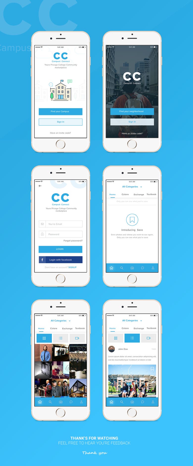Connect Campus app design 6 screens