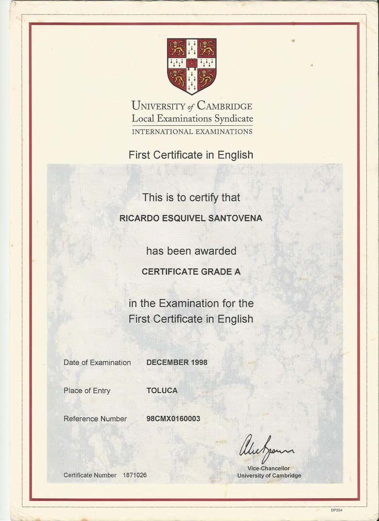 Cambridge FCE Certification Grade A