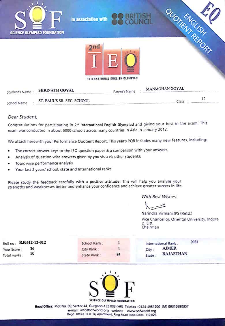 2nd INTERNATIONAL ENGLISH OLYMPIAD TOPPER CERTIFICATE