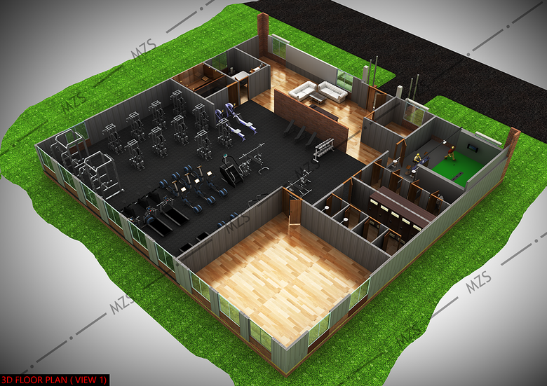 3D FLOOR PLAN OF COMMERCIAL FITNESS CENTER @ UNITED STATES