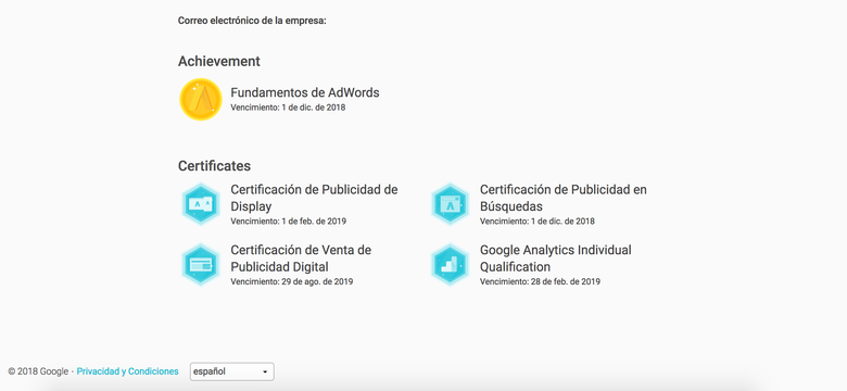 Certificados otorgados por Google