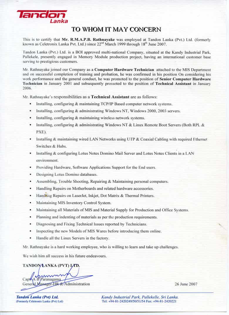 Experiance Letter - Tandon Lanka (Pvt.) Ltd.,