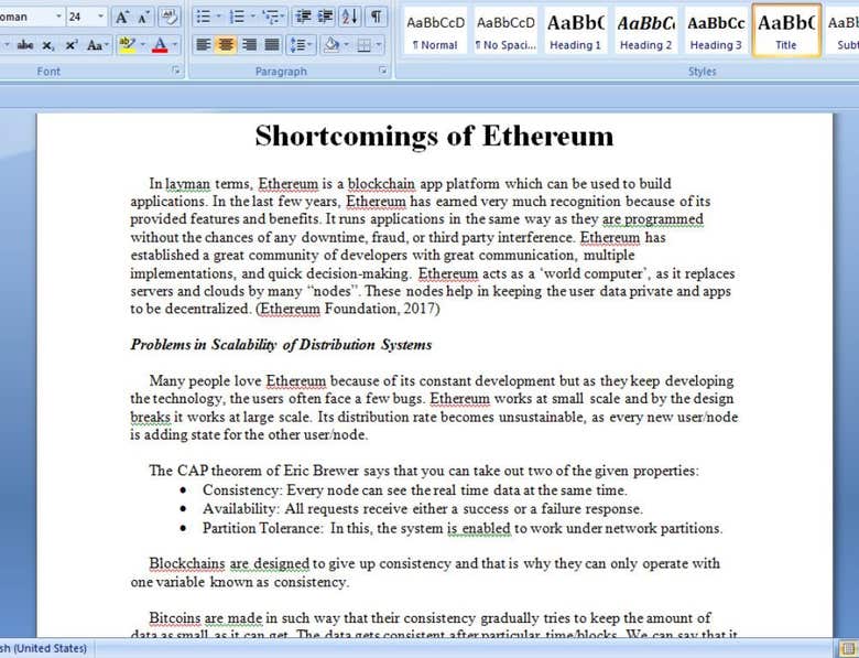 Research Article on Shortcomings of Ethereum
