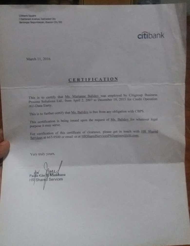 Previous employment certificate