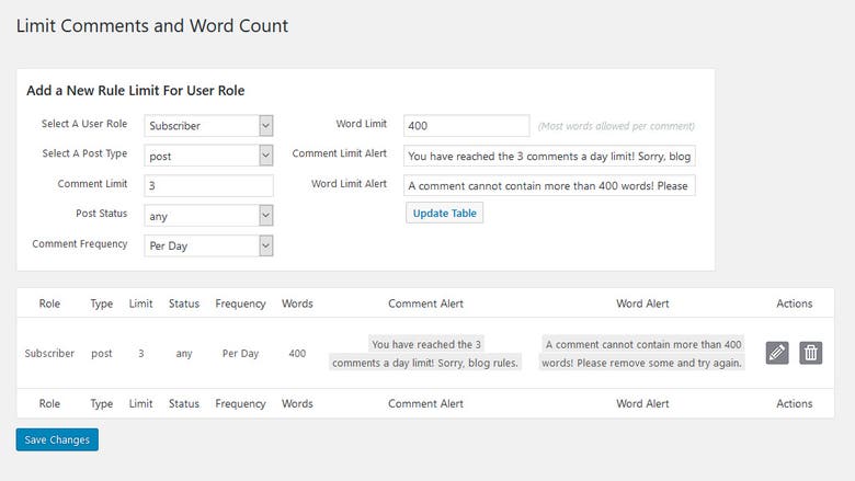 Limit Comments and Word Count Plugin