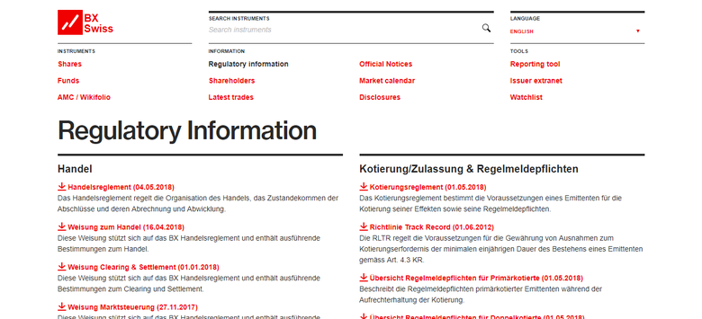 Swiss Exchange Website translation into English from German