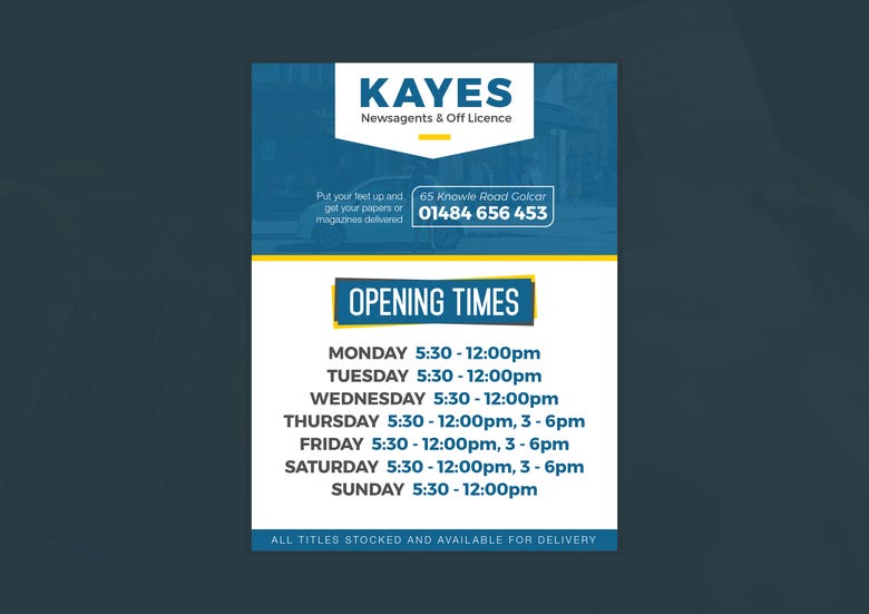 Signage for Kayes Newsagents & Off Licence, UK