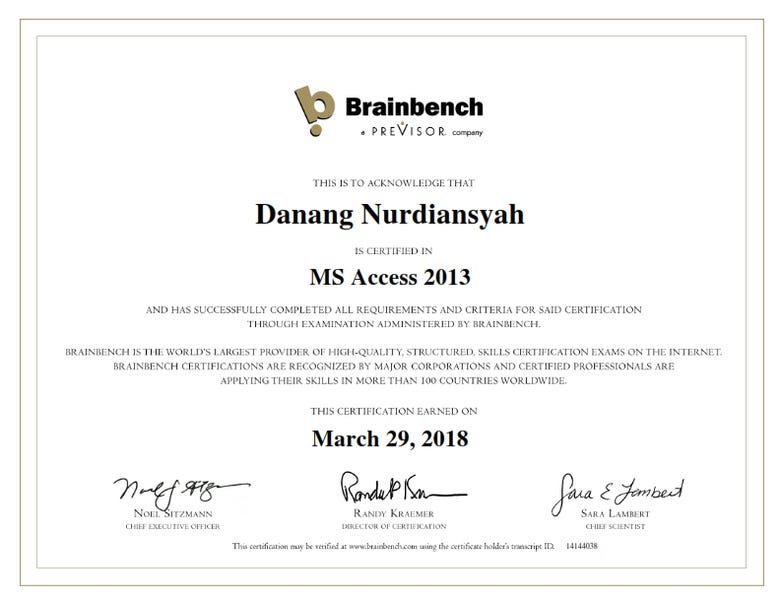 Brainbench Certified MS Access