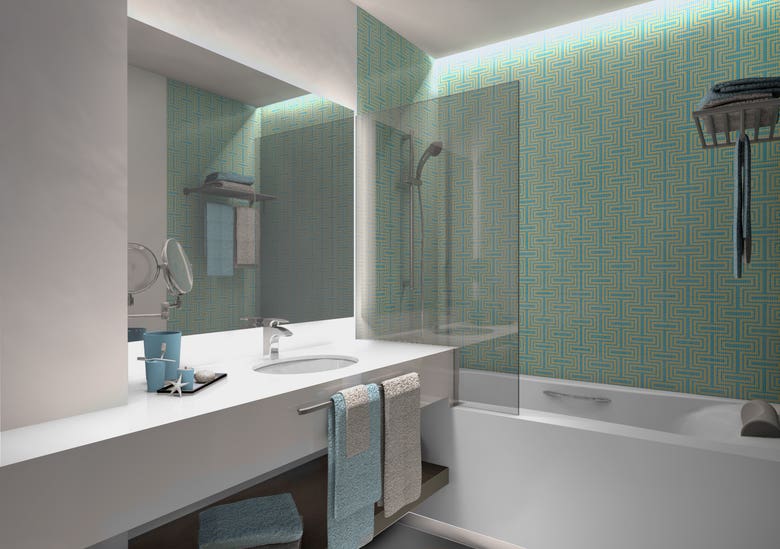 Hotel room & bathroom render