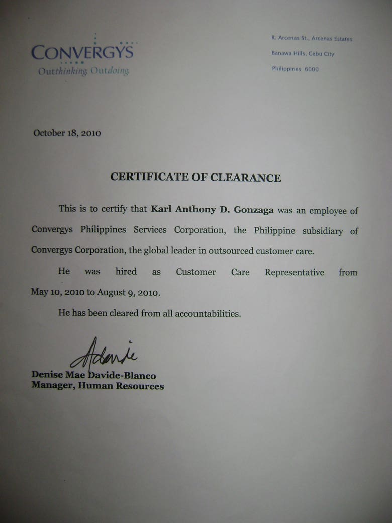Certificate of Employment (Convergys)