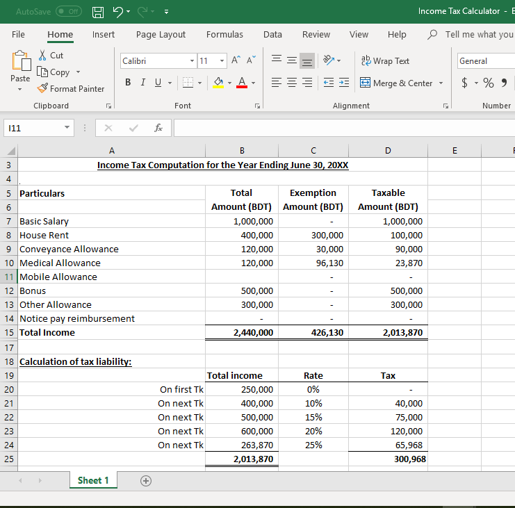Income Tax Calculator By Excel Formula Freelancer