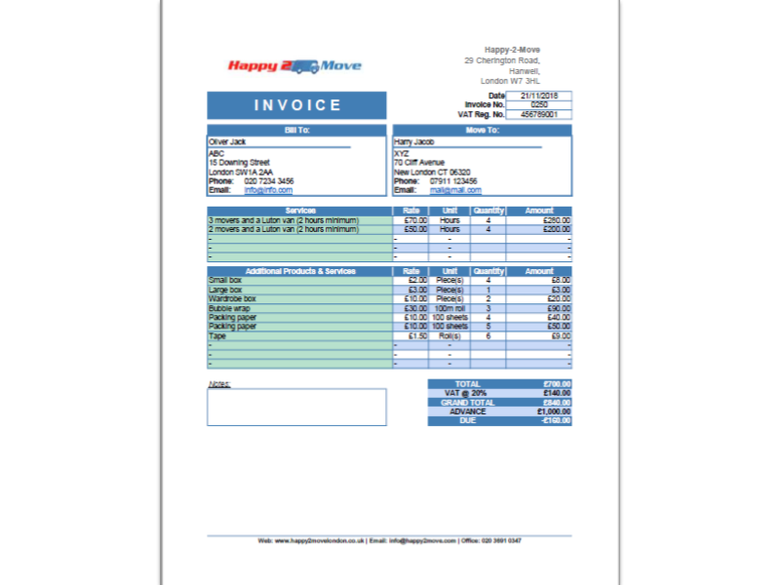 Invoice for a UK