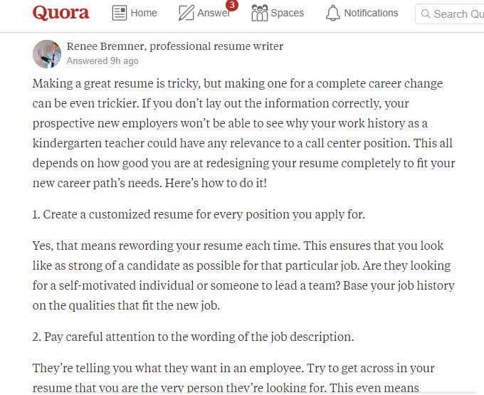 Quora Article On Career Change Resumes Freelancer