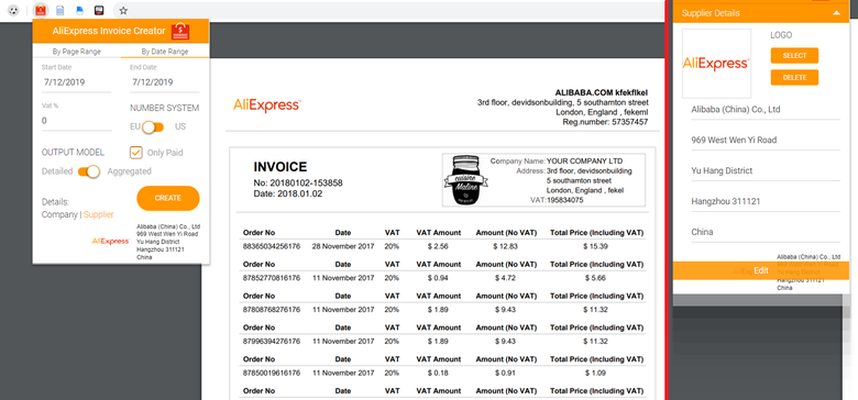 Chrome Extension to create pdf invoice for aliexpress