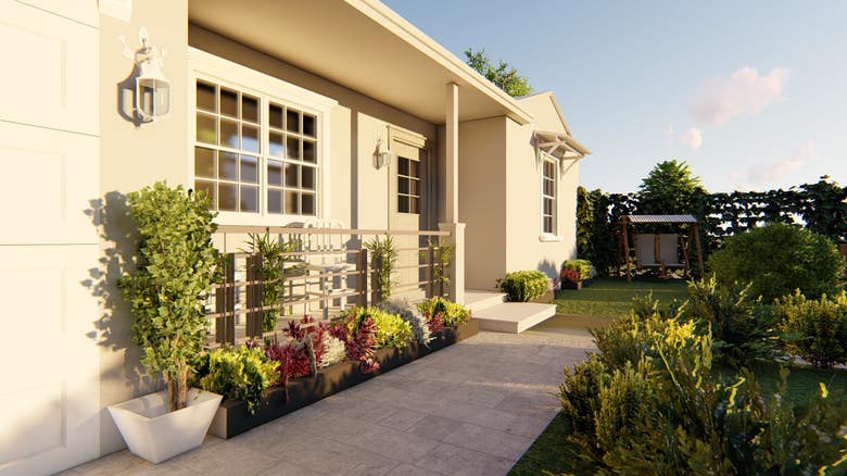 design of a facade and outdoor garden of a villa