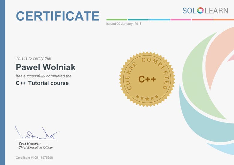 C++ Programming Language Certificate issued by SoloLearn