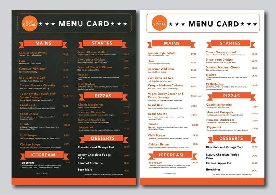 ผลงานการประกวด #28 สำหรับ                                                 Design/Create funky food menu for bar/restaurant in MS Word
                                            