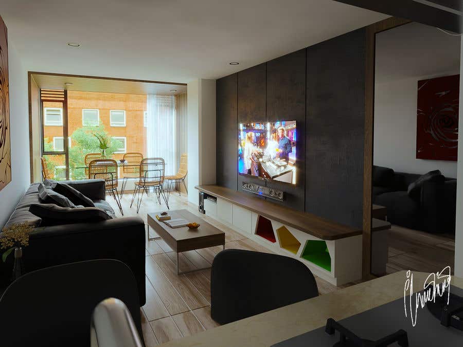 Penyertaan Peraduan #24 untuk                                                 3D Photo realistic render for a modern living & dining room (repost of contest ID 1666539)
                                            