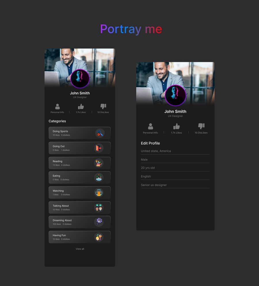 
                                                                                                                        Contest Entry #                                            23
                                         for                                             Design a 1 mobile profile  page for social personal feedback app
                                        