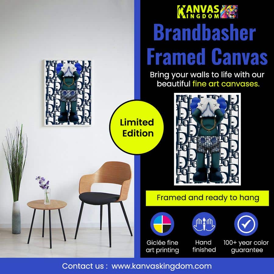 a picture of a room with a chair and a picture of aframed canvas