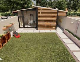 a render of a garden shed with a lawn in front of it