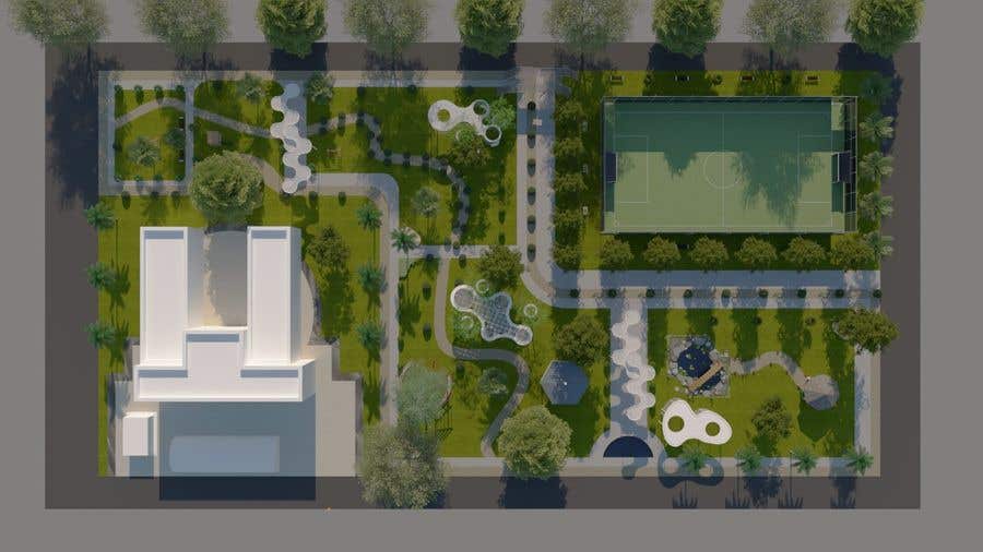 a rendering of a park with a pool and gardens