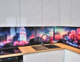 a kitchen counter top with a sink and a wall mural of a city