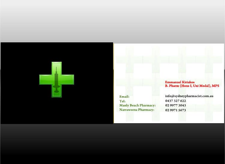 Natečajni vnos #107 za                                                 Business Card Design for retail pharmacist based in Sydney, Australia
                                            