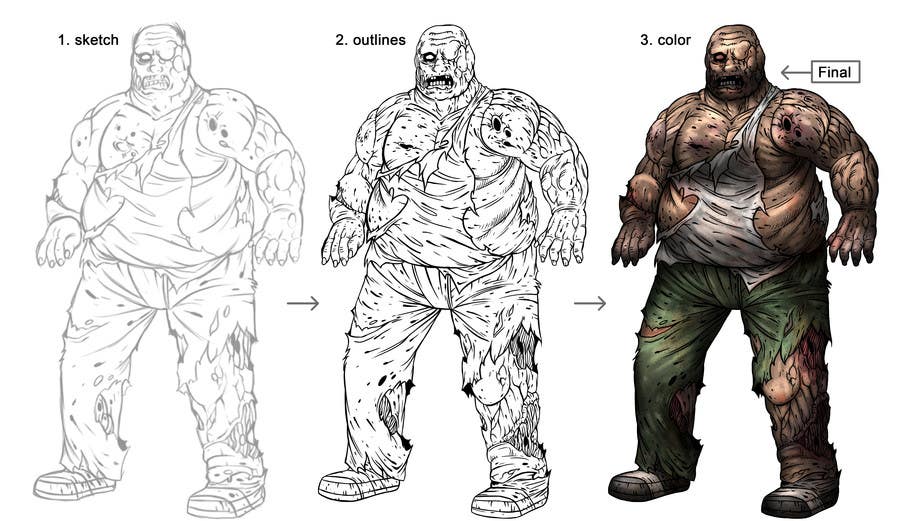 Participación en el concurso Nro.14 para                                                 Illustrate 3 zombies / walking dead. 1 character male or female and 1 weapon
                                            