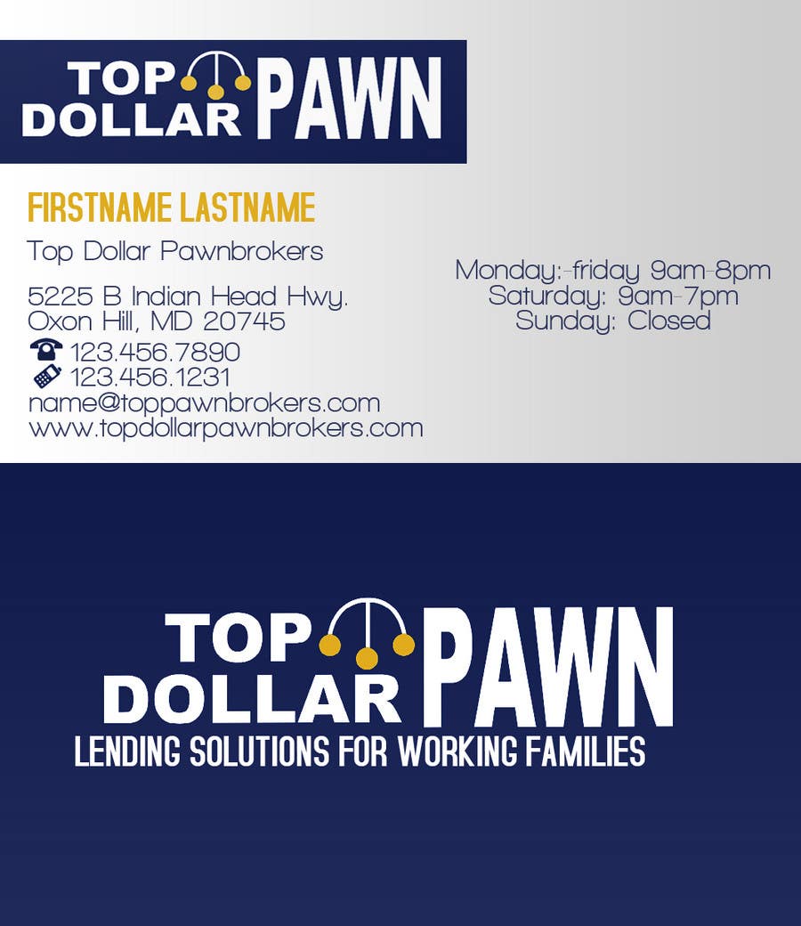 Entri Kontes #104 untuk                                                Business Card Design for Top Dollar Pawnbrokers
                                            
