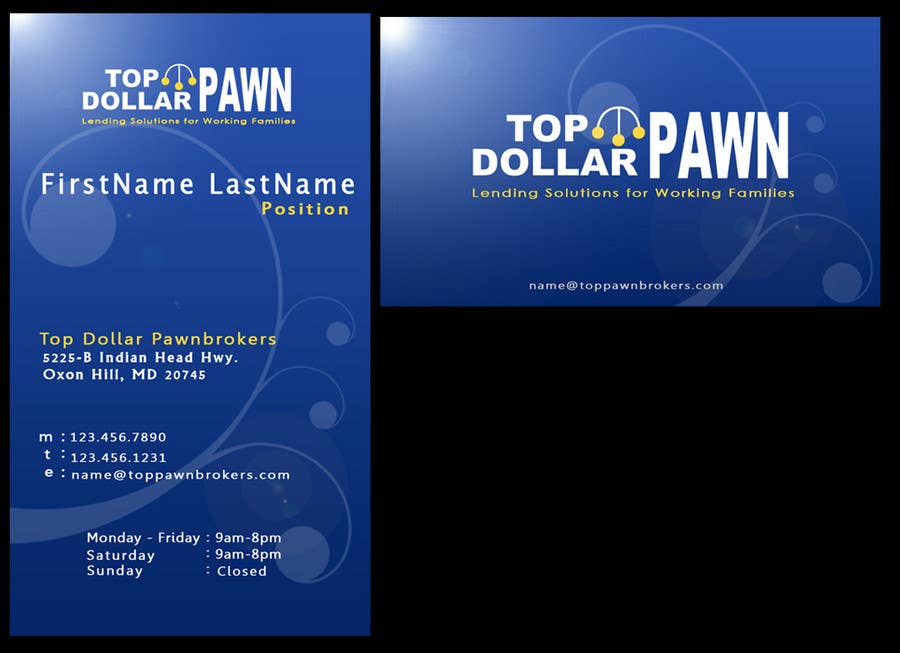 Intrarea #11 pentru concursul „                                                Business Card Design for Top Dollar Pawnbrokers
                                            ”