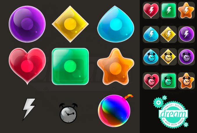 Proposition n°16 du concours                                                 Design 6 gems and 3 icons to be used in a casual mobile game
                                            