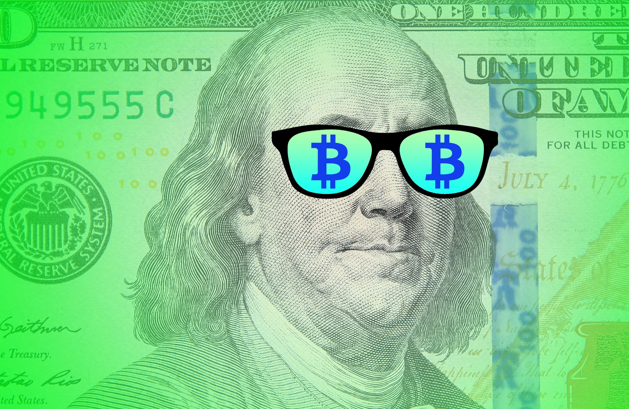 Benjamin Franklin with Bitcoin glasses